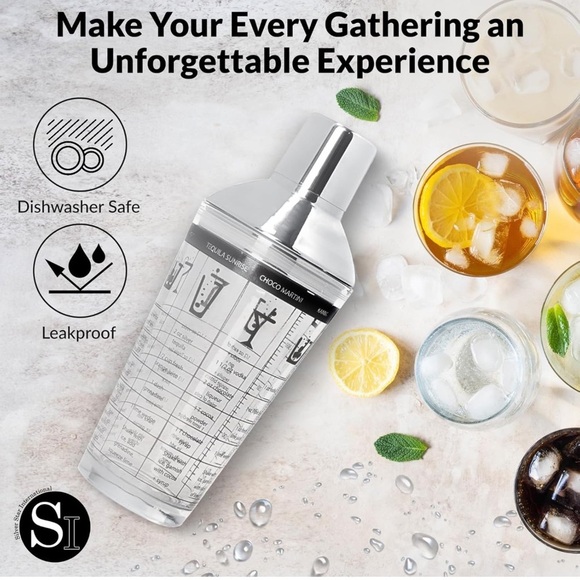 Recipe Cocktail Shaker Stainless Steel Glass Recipes on Shaker 16 OZ New NWT NIB - Picture 10 of 15